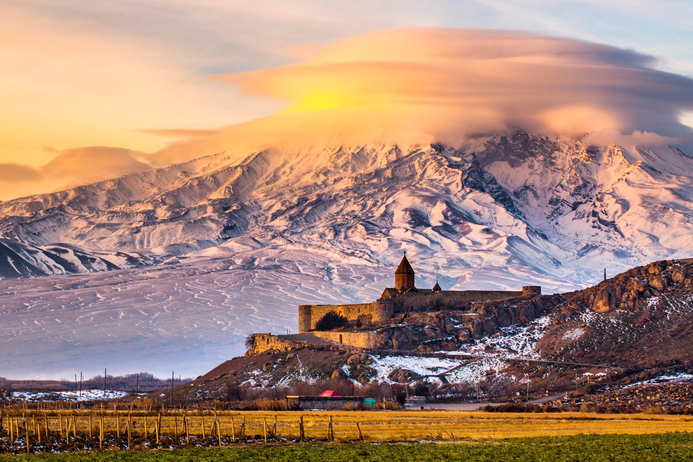 Khor Virap monastery with Mount Ararat at sunset